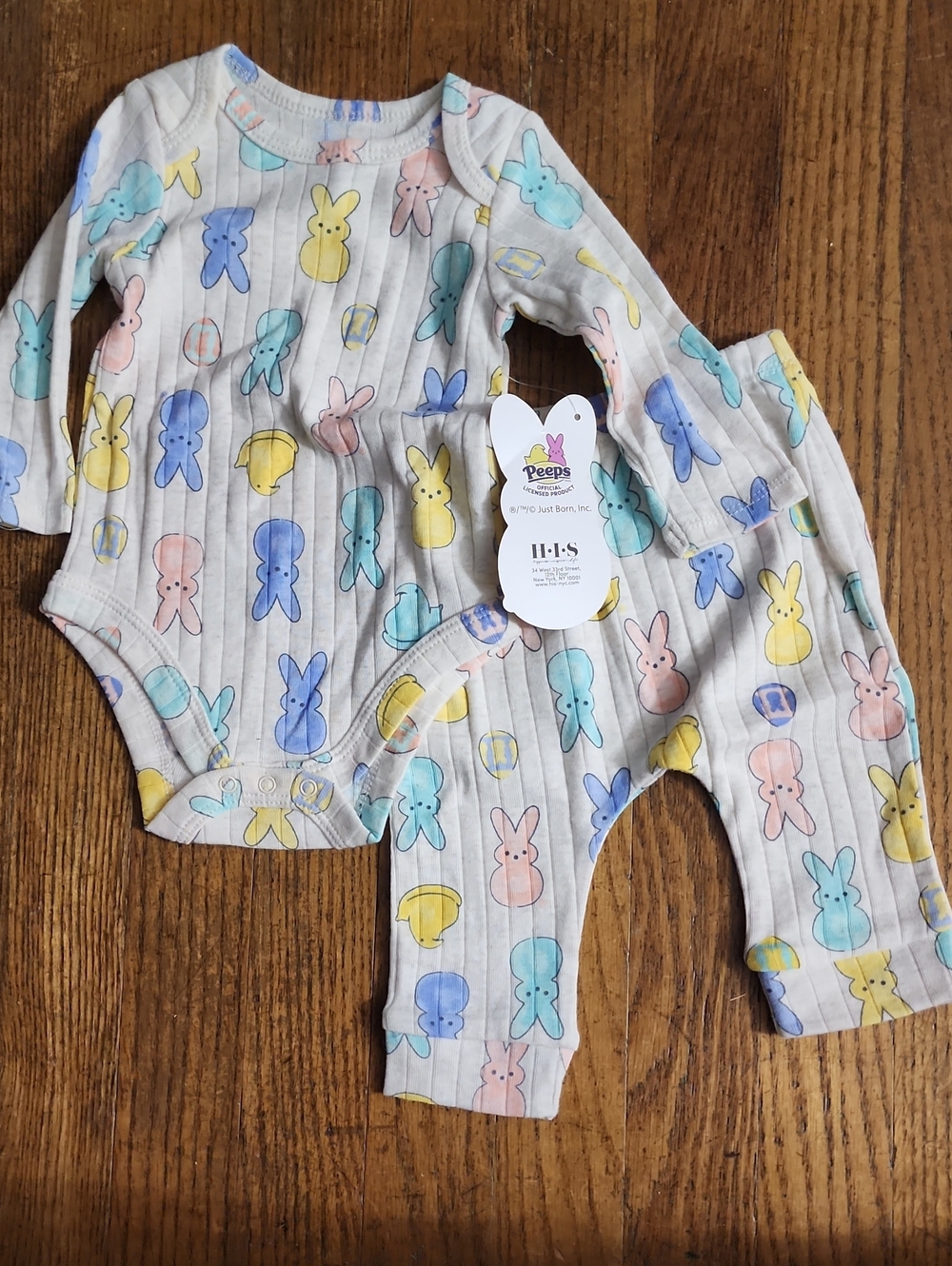 (2pc Set) Long-Sleeve Baby One-Piece in Pastel Multi Bunny Print and Bottoms